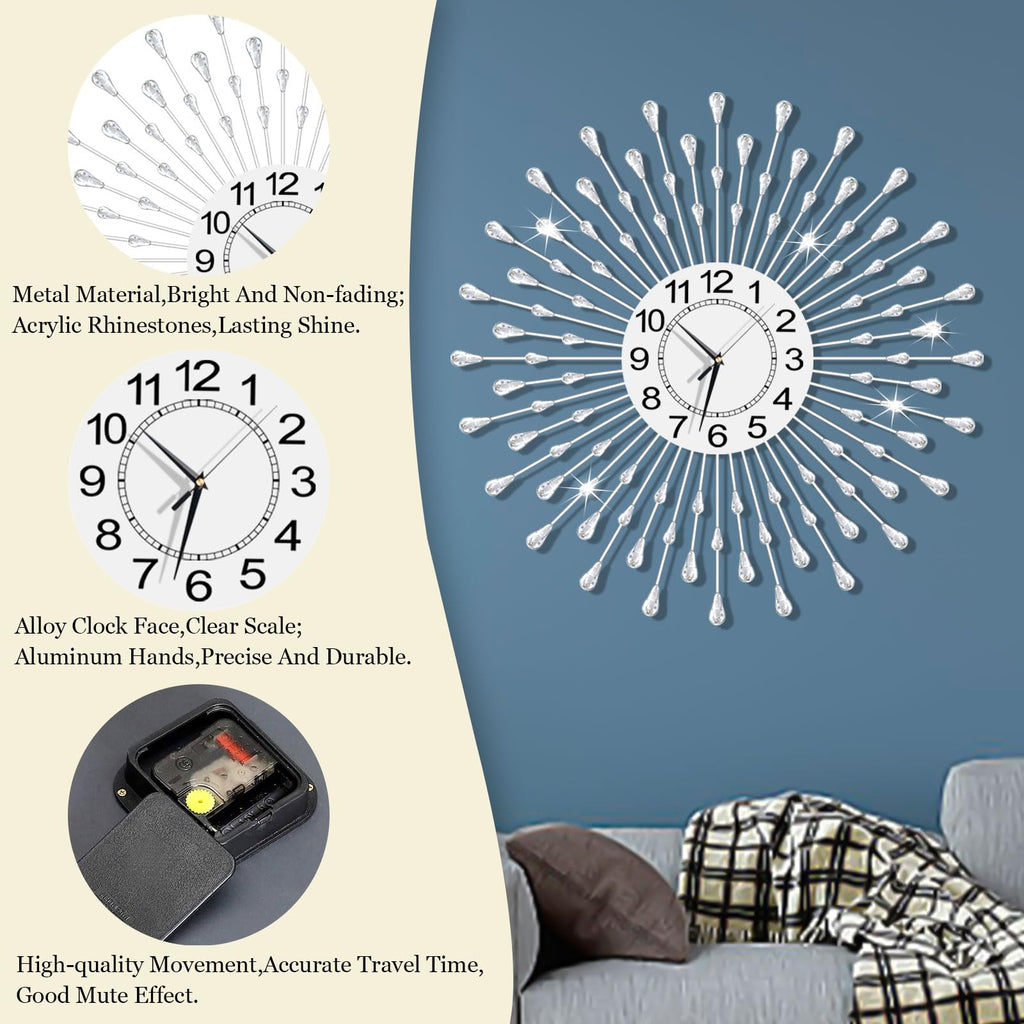 Large Wall Clock Metal Decorative Wall Clocks Silent Non-Ticking, Bling Shining Modern Art Starburst Big Wall Clocks