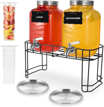 Drink Dispenser, 2 Pack 1 Gallon For Parties,Beverage Dispenser, Glass Drink Dispenser With Stand And Spigot - Set of 2