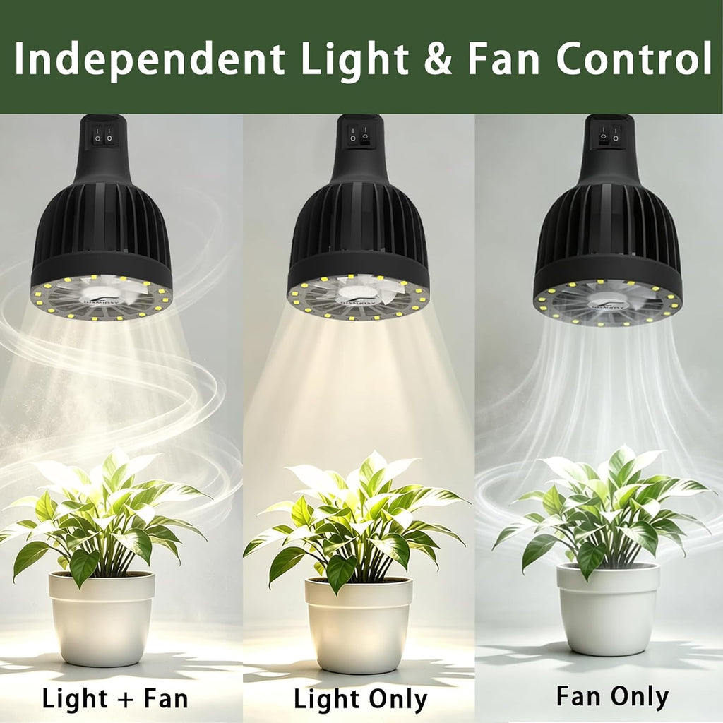 Grow Light Bulb with Built-in Plant Fan, Full Spectrum LED Plant Light Bulb, 20W, E26 Base, 6000K Plant Light