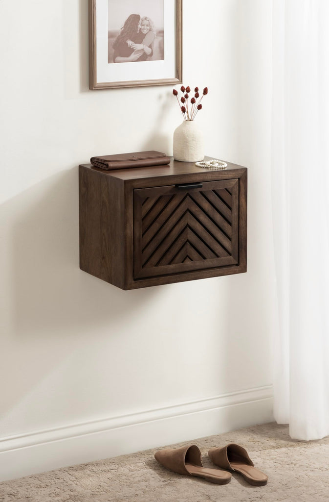 Mezzeta Modern Floating Shelf Side Table with Storage Cubby; 16 x 10 x 12; Natural Wood; Decorative Slatted Wood