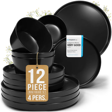 12 Piece Black Dinnerware Set for 4, Stoneware Black Plates and Bowls Set