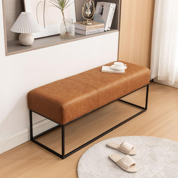 Leather Entryway Bench, Modern Long Faux Leather Ottoman Bench Seat with Metal Frame, 47'' Upholstered Bedroom Bench