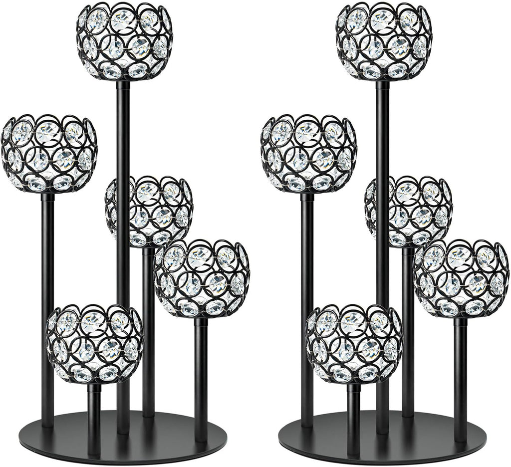 5-Arm Crystal Tealight Candelabra Centerpiece, 14.8 Inch Metal Candle Holder for Table Decor, Wedding, Christmas