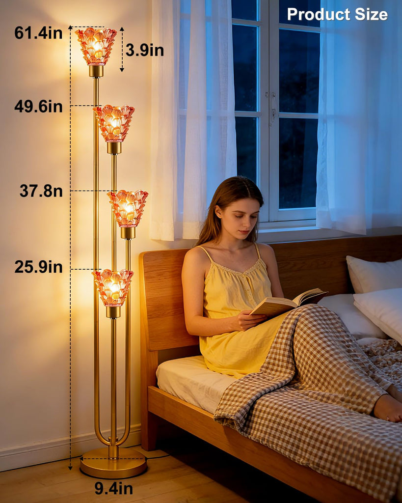 4-Light Modern Glass Floor Lamp, Gold Tall Standing Lamp with Deep Red Flower Glass Shade, Dimmable LED Floor Lamp