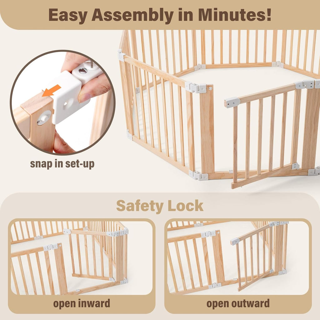 Foldable Wooden Playpen-51x51x25in-Large Baby Gate Playpen with Child-Proof Lock-Easy Assembly, Portable Design for