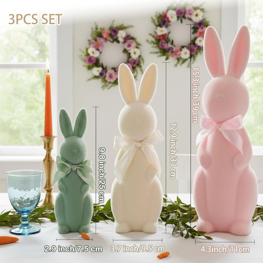 Flocked Bunny Easter Decorations with Bow Ties, Pastel Rabbit Figurines for Easter Centerpieces, Spring Home - Set of 3
