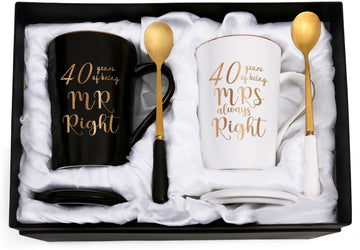 40th Wedding Gifts, 40 Years of Being Mr & Mrs Always Right Mug Set 14Oz with Lids Spoons and Gift Box, Christmas