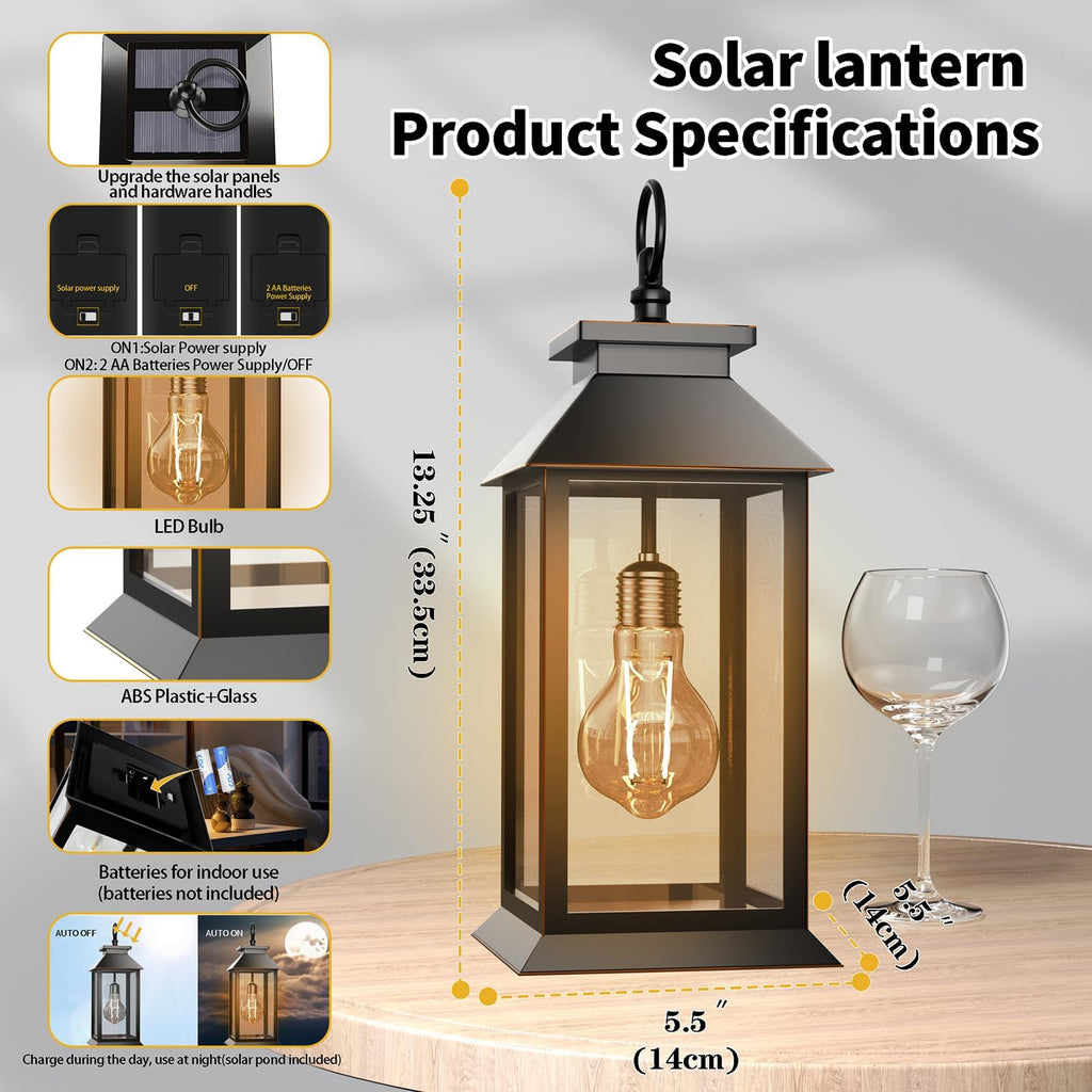 2 Pack Solar Lanterns Outdoor, Hanging Glass Solar Lights Waterproof, Dual Power Solar & 2*AA Battery, for Porch