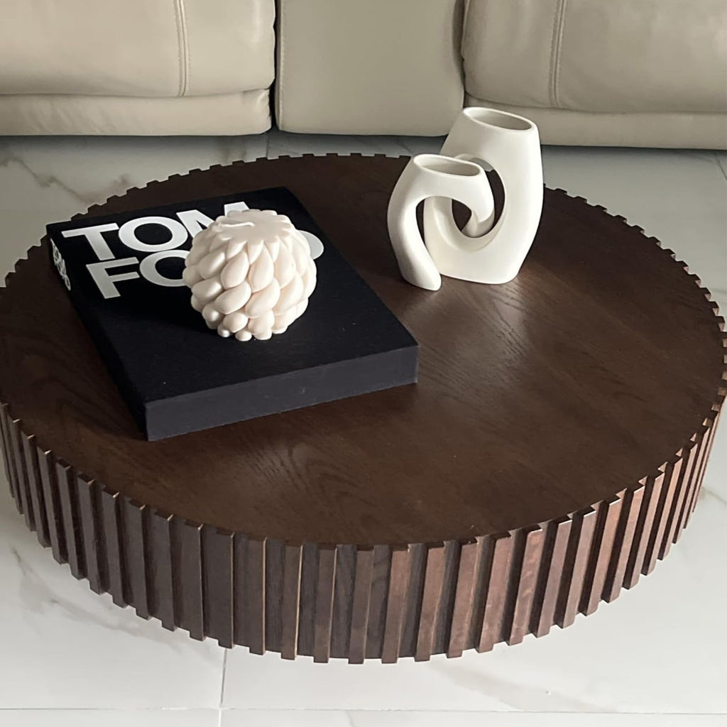 31.49" Walnut Round Wood, Modern Unique Fluted Tea Table, Contemporary Drum Circle Accent Center Table, Small Space
