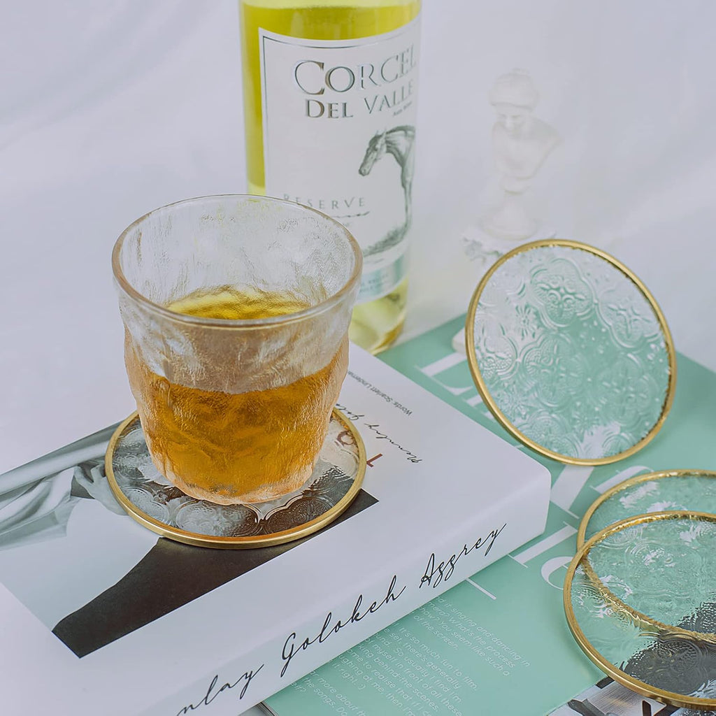 Glass Gold Coasters with Holder, Round Cup Coaster Set with Carved Glass Stylish for Coffee Tea Wine - Set of 4
