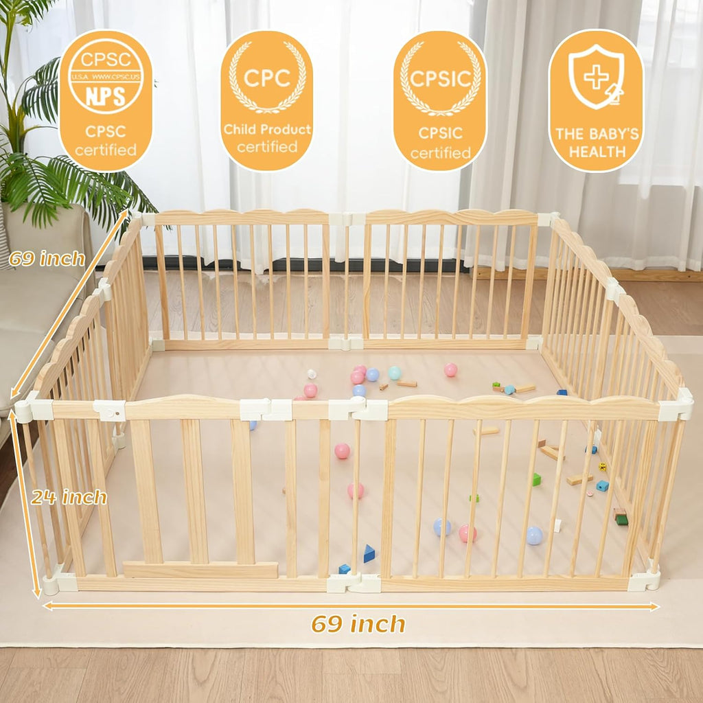 Wooden Baby Playpen 69x69 Inch Foldable Toddler Fence with Safety Lock | Extra Large Natural Wood Foldable Baby