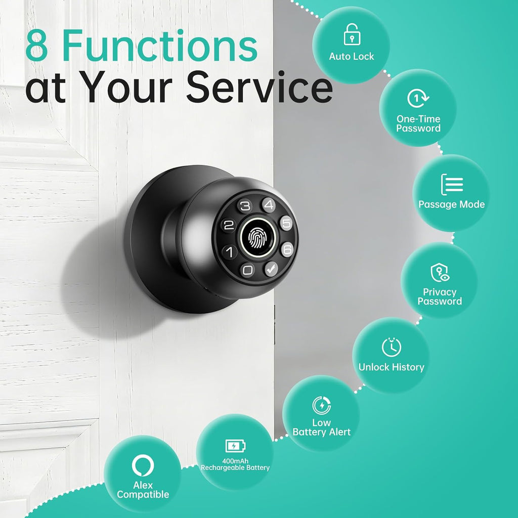 Fingerprint Door Lock Biometric Keypad Smart Door Knob | Bedroom Passcode Handle, Home Office