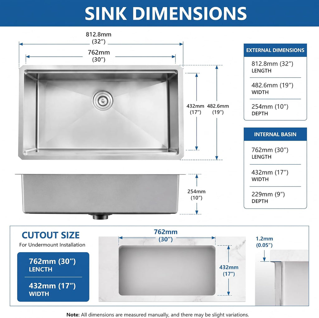 32 Inch Undermount Kitchen Sink, 32" x 19" Stainless Steel Kitchen Sink, Undermount Sinks, Handmade Deep Single Bowl
