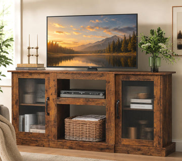 Farmhouse TV Stand for 75 inch TV, Entertainment Center with Storage Cabinets, Mid Century Modern TV Console for Living Room, Bedroom, Rustic Brown