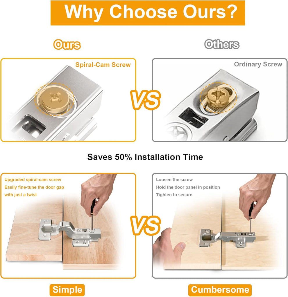 2pcs Professional Grade Inset Soft Close Cabinet Hinges, Frameless Concealed European Style with Four-Hole Clip-On