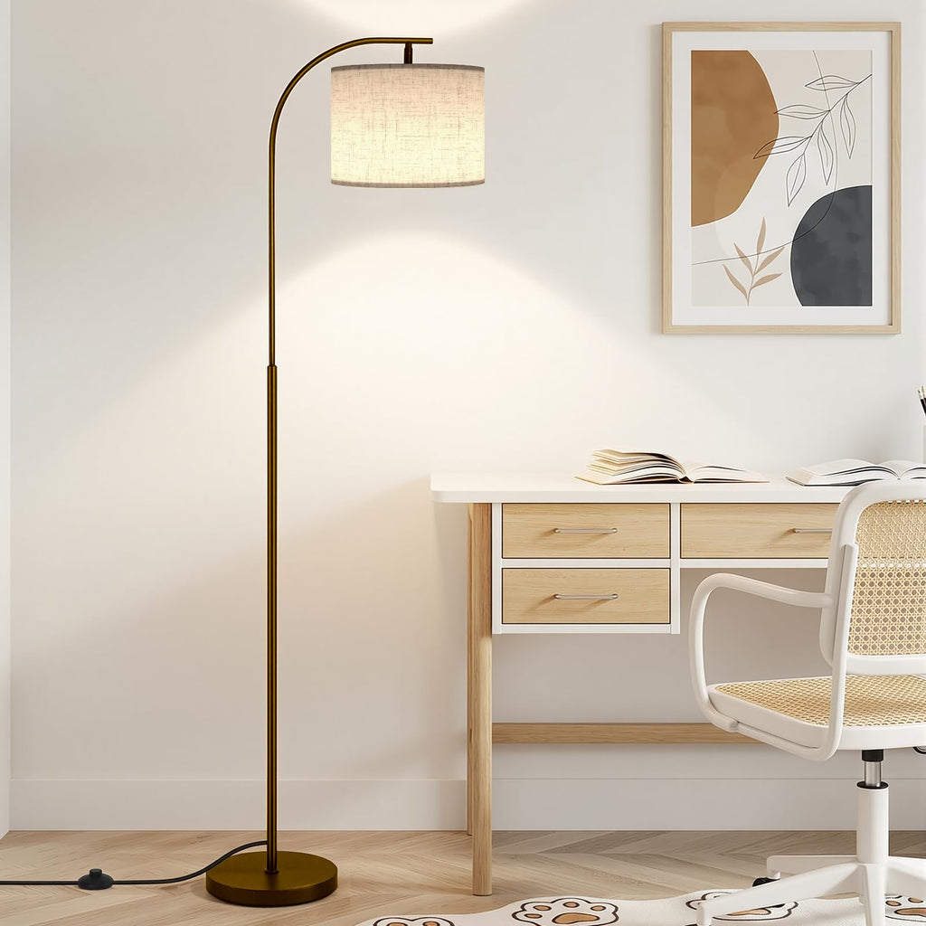 Floor Lamp with Linen Shade, Arc Dimmable Tall Standing Lamp with Remote Control, Modern Floor Reading Light Bedroom