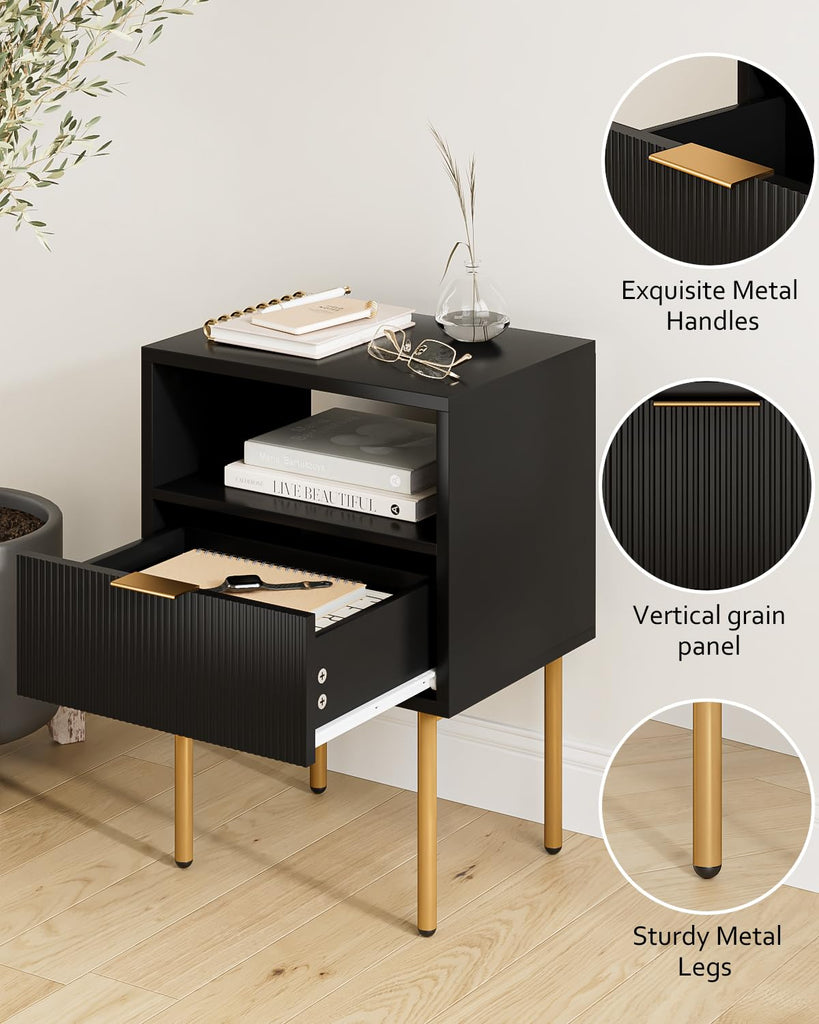 Nightstand, Mid-Century Modern Bedside Table with Storage Drawer and Open Wood Shelf, Small Gold Frame Side Table, Black
