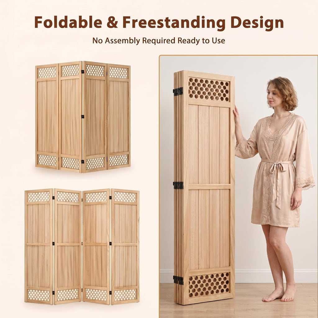 Wood Room Divider Privacy Screen, Natrual Carved Room Divider 4 Panel 67"