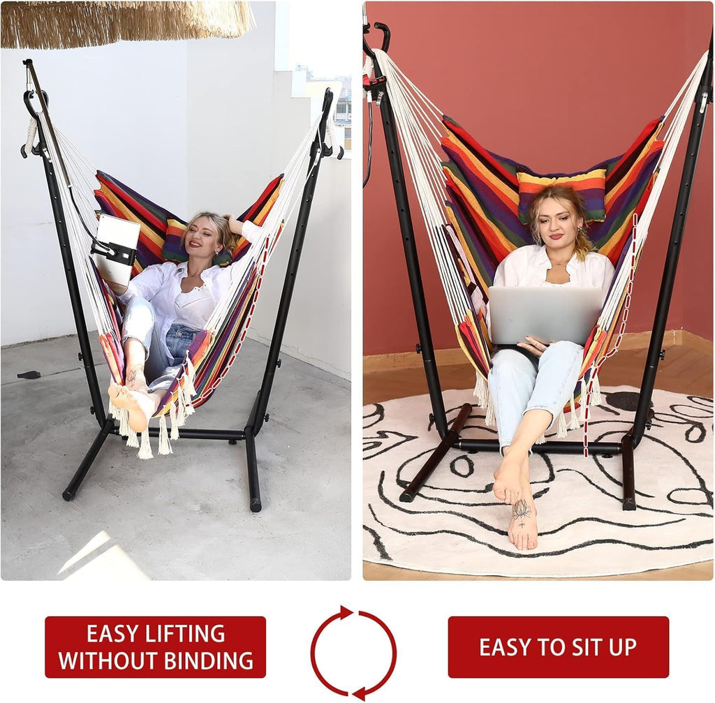 Hammock Chair with Stand Double Hammock Chair Bohemian Style with Tassel Mobile Phone Support Manual Adjustable Swing