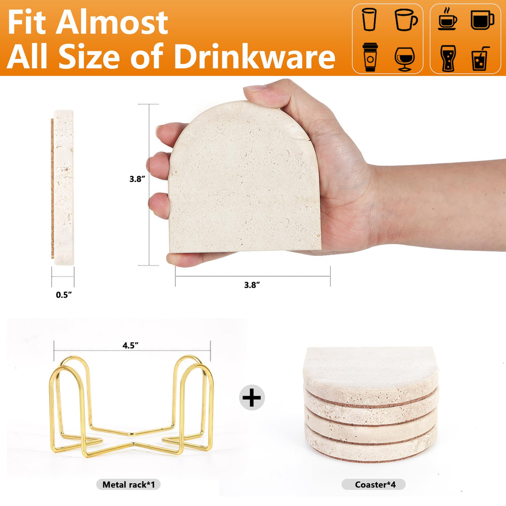4Pcs Travertine Coasters with Nature Limestone Material and Gold Metal Holder, 4"Diameter Toast Arch Shape Bar