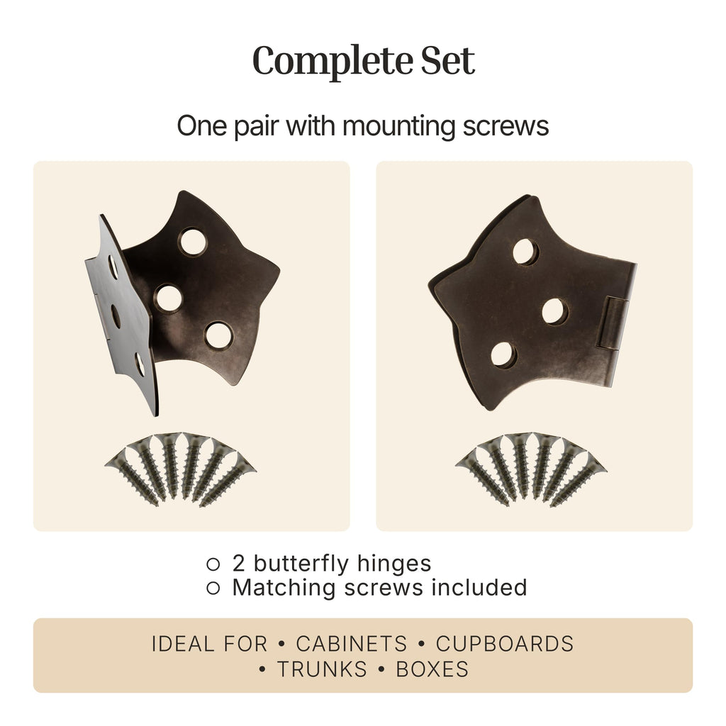 Antique Brass Butterfly Hinges - 3-1/8" x 1-7/8" - Pack of 4 - Decorative Hinges for Cabinet Doors, Trunks and Boxes