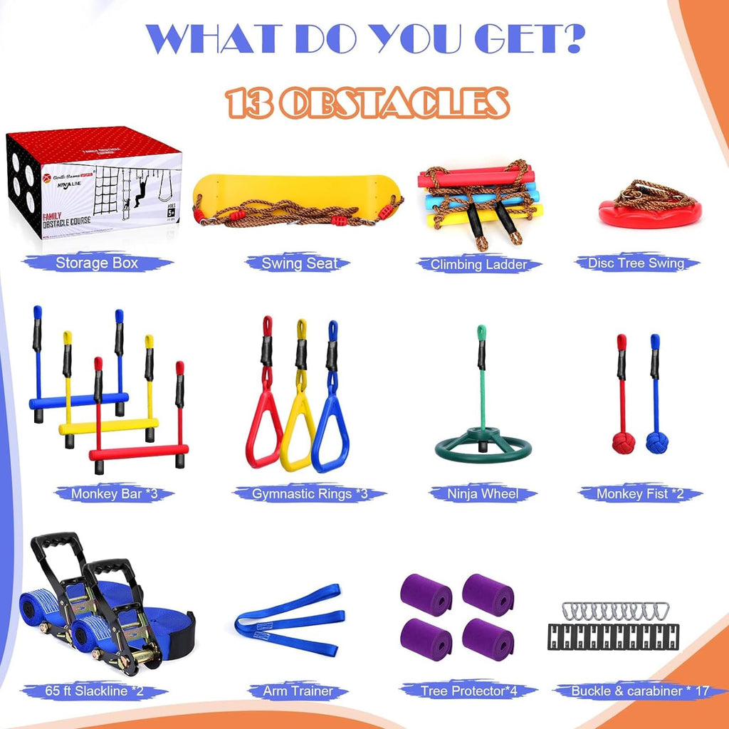 Warrior Obstacle Course for Kids Backyard-65ft Slackline Kit with 13 Obstacles, Upgraded Quick-Install Buckles No