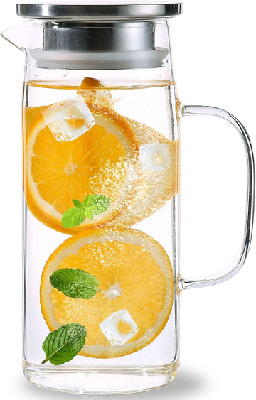Glass Pitcher With Lid and Spout - Iced Tea and Beverage Pitcher for Fridge, Small Water Jug 1000ml/34oz