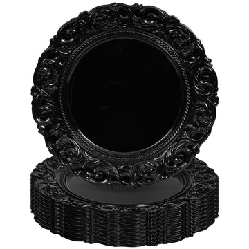 Black Charger Plates Bulk 10Pcs - 13" Black Chargers for Dinner Plates, Floral Embossed Decorative Charger Plate for