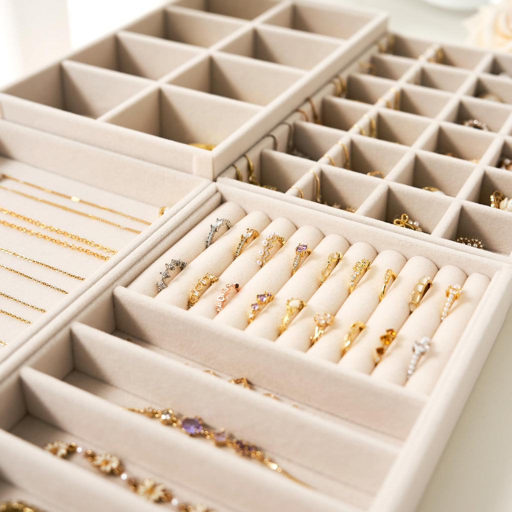 Velvet Jewelry Drawer Organizer Trays - 4-Layer Stackable Jewelry Storage Inserts Set, Beige Jewelry Tray Set for