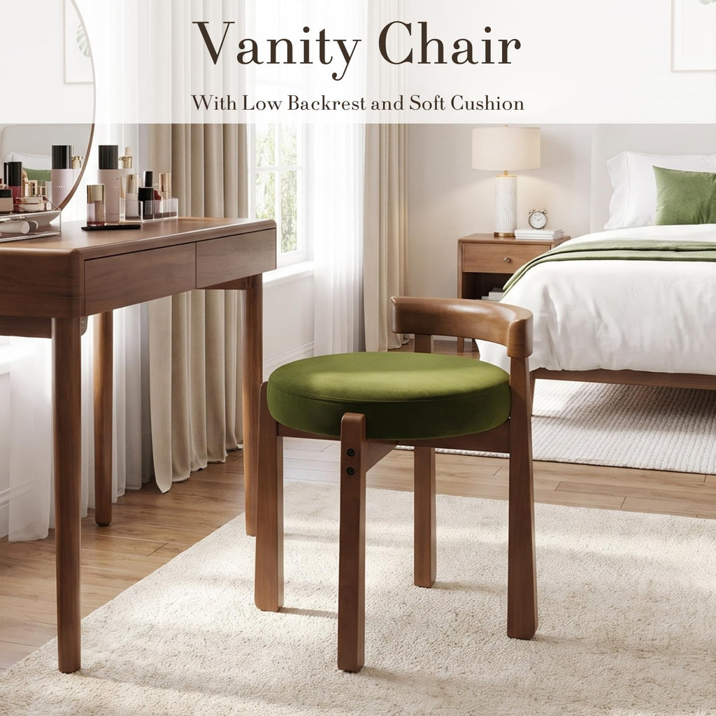 Wood Vanity Chair with Back Set of 2, Velvet Upholstered Small Ottoman Footstool, Mid-Century Modern Makeup Chair