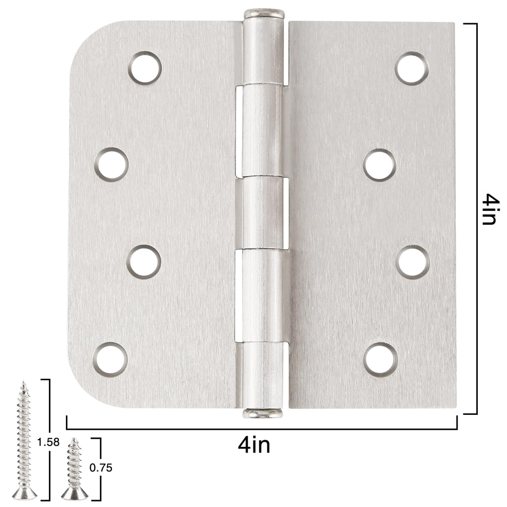 6 Pack Brushed Nickel Door Hinges 4" Square Rounded & 5/8" Radius Corners