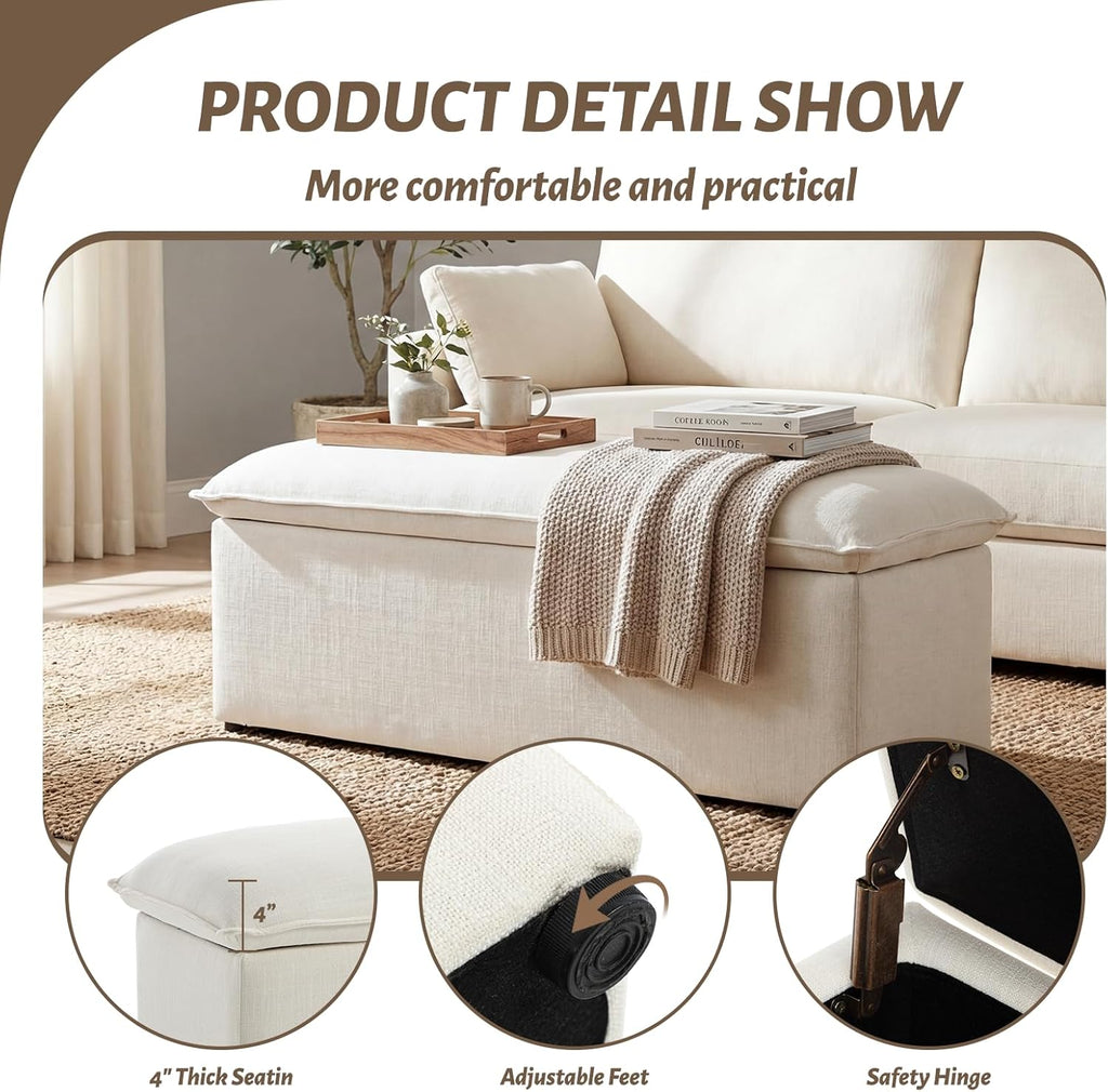 Modern Storage Bench Linen Fabric, Upholstered Storage Ottoman Entryway Bench with Seating Living Room, Beige