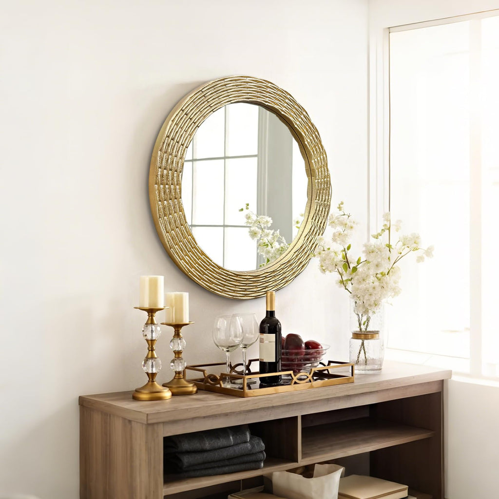 Gold Round Wood Wall Mount Mirror, 24 Inch Hand Carved Solid Wood Frame Circle Mirror, Farmhouse Boho Decor