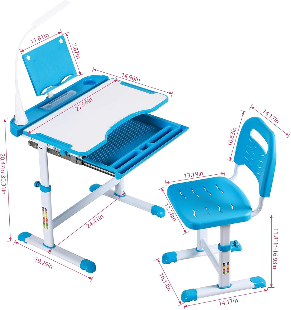 Kids Study Desk and Chair Set, Height Adjustable Children's Desk with LED Lamp, Tilting Desktop, Pull-Out Drawer