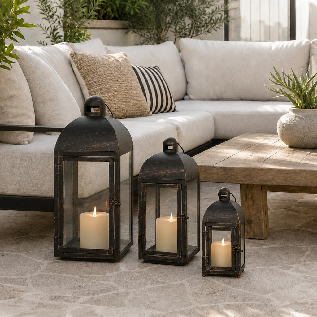 Lanterns Decorative Outdoor & Indoor, Set of 3 Outdoor Lanterns for Porch, 23" Large Candle Lantern, Bronze Metal