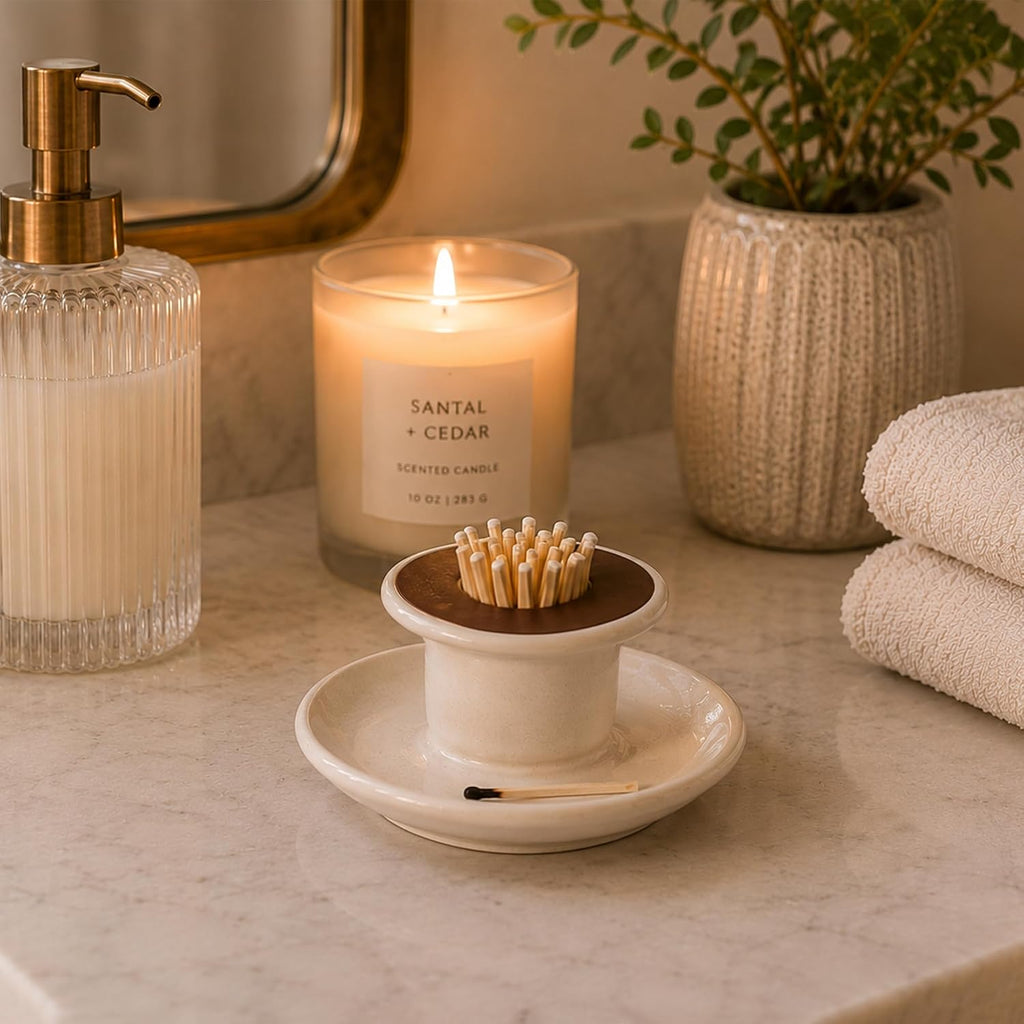 Handcrafted Ceramic Match Holder with Striker and Tray - Minimalist Candle Accessory, Decorative Match Striker