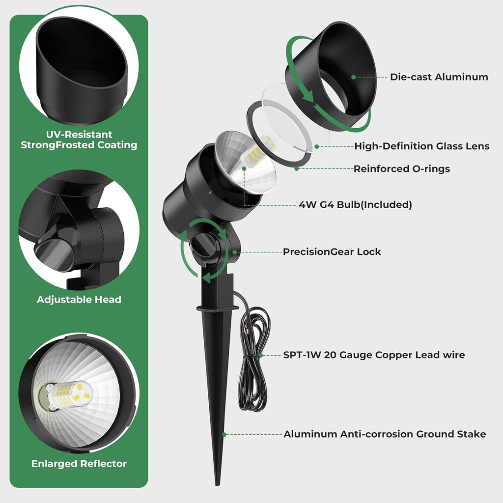 Low Voltage Landscape Spotlight, 12V LED Outdoor Spot Lights with 4W G4 Replaceable Bulb, Wired Waterproof Aluminum