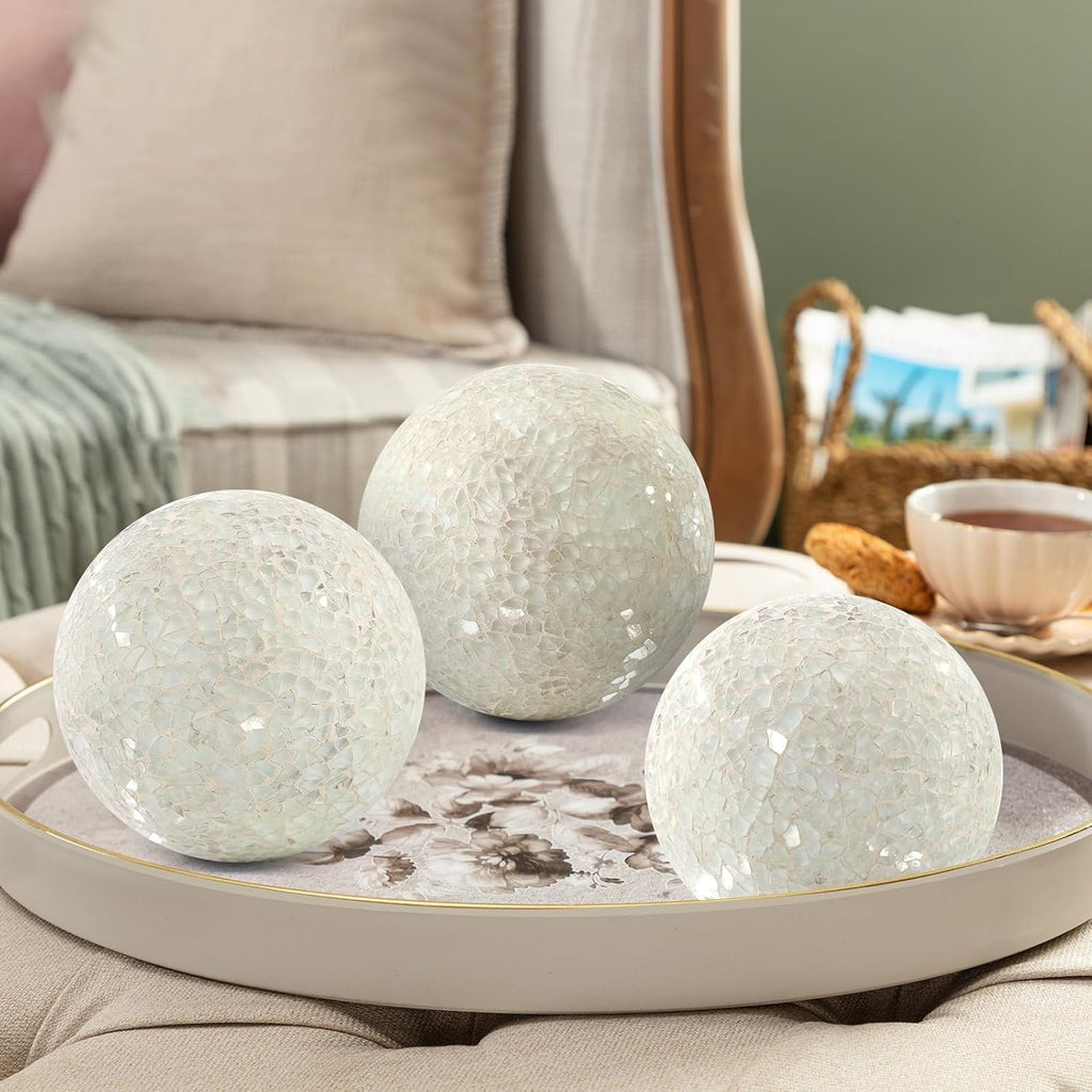 Mosaic Glass Orbs Decorative Balls 8.5cm/3.35inch Sphere Wedding Party Home Decor Table Centerpiece (White) - Set of 3