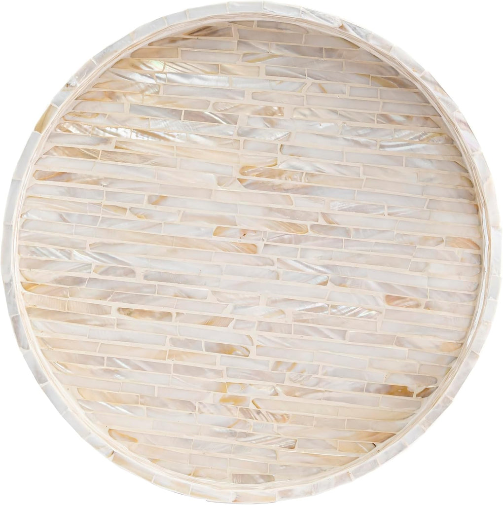 12.6" Decorative Round Serving Tray, Mother of Pearls Inlaid Coffee Table Tray w Insert Handles,Nacred Wooden Ottoman