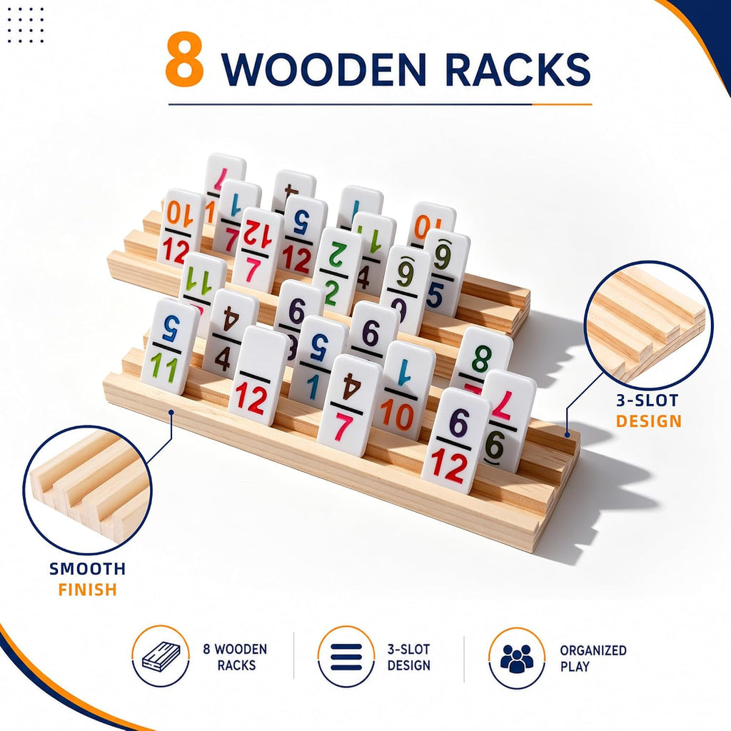 Mexican Train Dominoes Double 12, 91 Numbered Tiles, 8 Racks & Hub - Set of 101