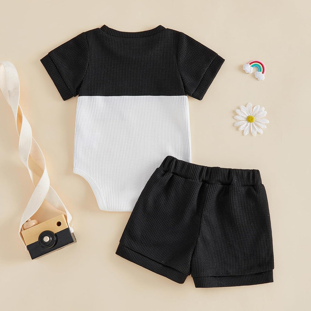 Newborn Baby Boy Summer Outfit Set Contrast Color Romper Tops With Elastic Waist Shorts Cute Infant Waffle Clothes