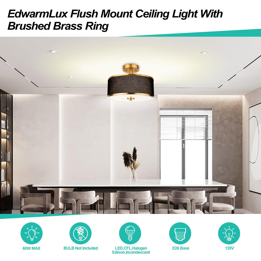 3-Light Semi Flush Mount Ceiling Light Fixture, 12.6" Gold Drum Light with Black Fabric Shade, Modern Close to
