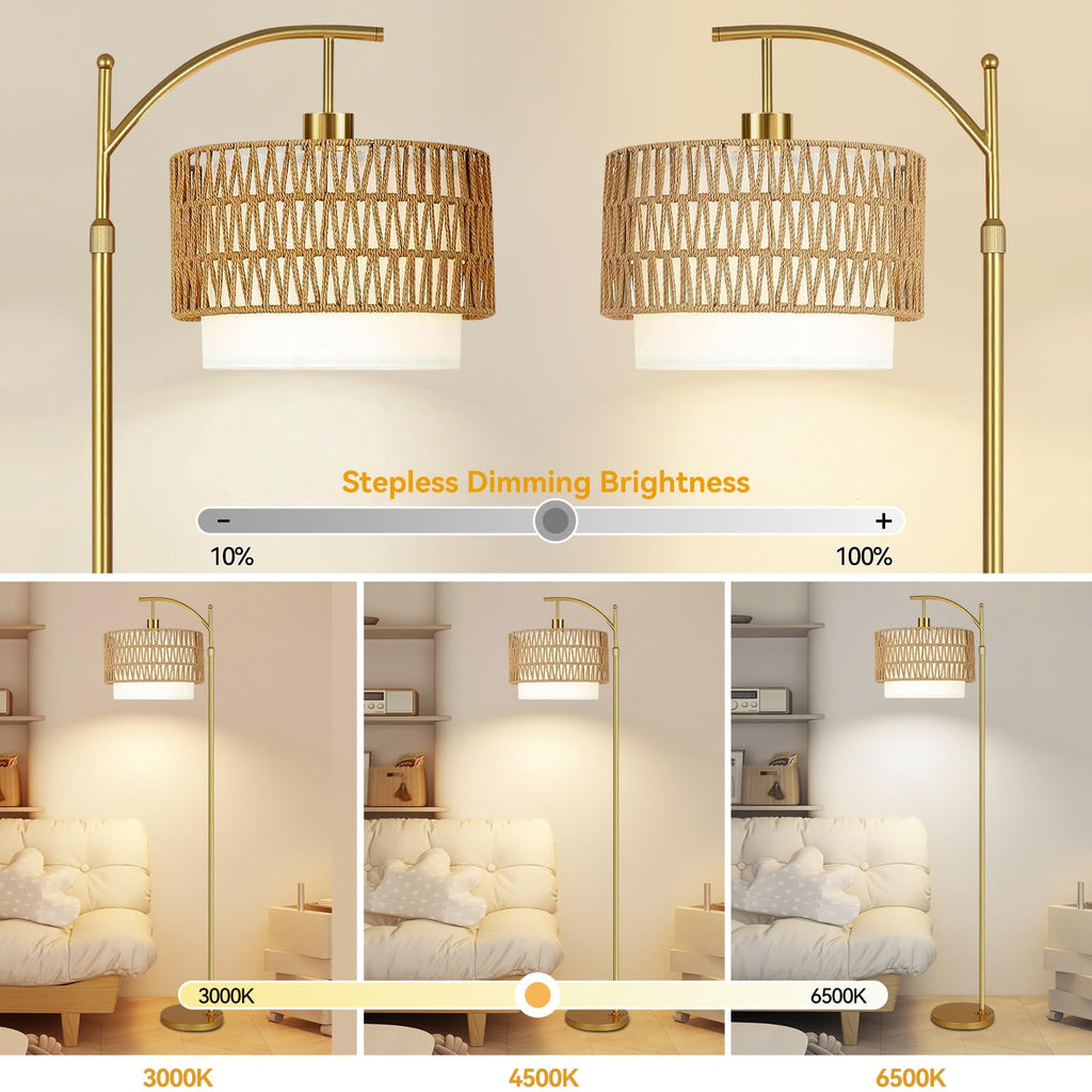Boho Floor Lamps Rattan Arc Floor lamp with Remote Control & 3 Color Temperatures, Vintage Wood Mid Century Modern