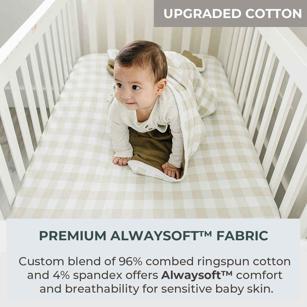 Baby Crib Sheets for Boys, Soft Cotton Blend, 2-Pack (Gingham Khaki)