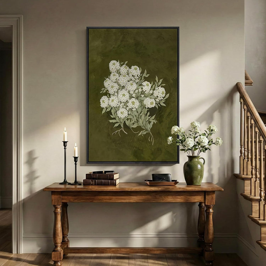 Large Framed Vintage Green Floral Wall Art, Vertical Modern Farmhouse Nature Olive Green Flower Canvas Painting