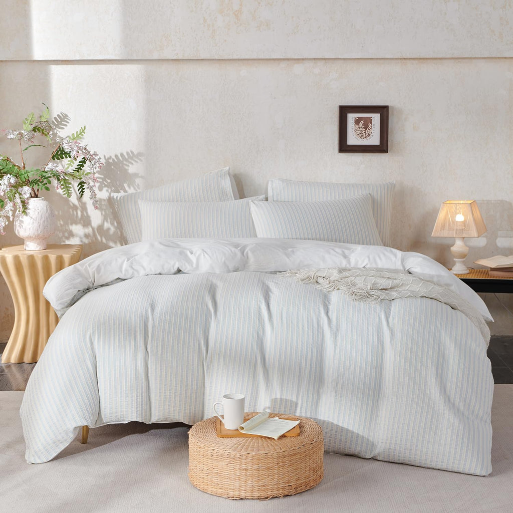 Light Blue Striped Duvet Cover Washed Cotton Jacquard 3 Pieces Bedding White Blue Vertical Ticking Stripes