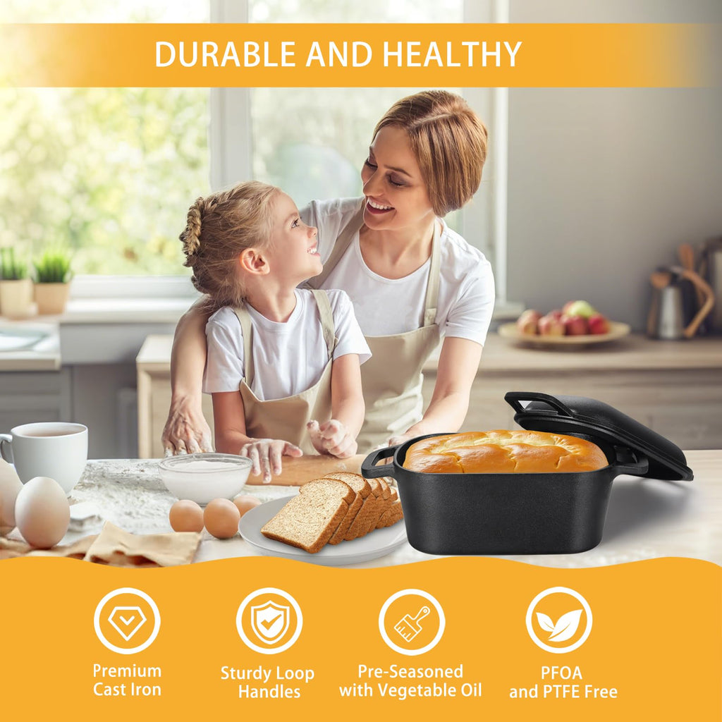 3.6 QT Cast Iron Loaf Bread Pan with Lid, Oval Dutch Oven for Bread Baking