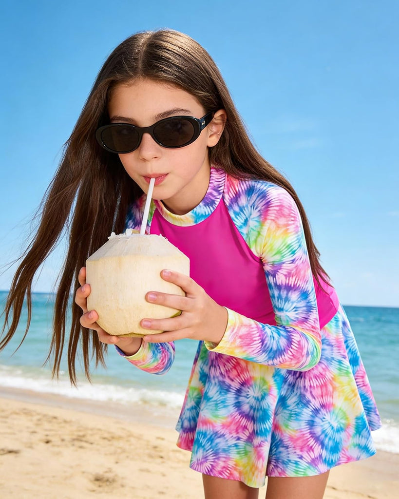 Girls Rash Guard Swimsuit 3 Piece Long Sleeve Bathing Suit Tankini with Skirt