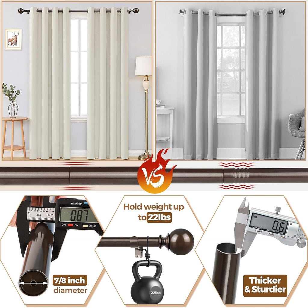 Curtain Rods 32 to 58 Inches (2.6-4.8ft), Antique Bronze Single Curtain Rod for Windows, 7/8 Inch Decorative Drapery