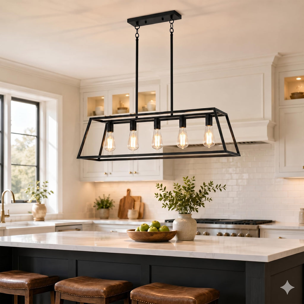 Black Kitchen Island Lighting, 5-Light Farmhouse Chandeliers, Modern Industrial Linear Rectangle Pendant Light